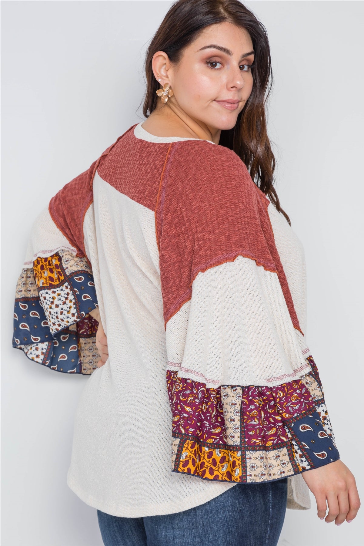 Plus Size Beige Rust Knit Multi Pattern Top