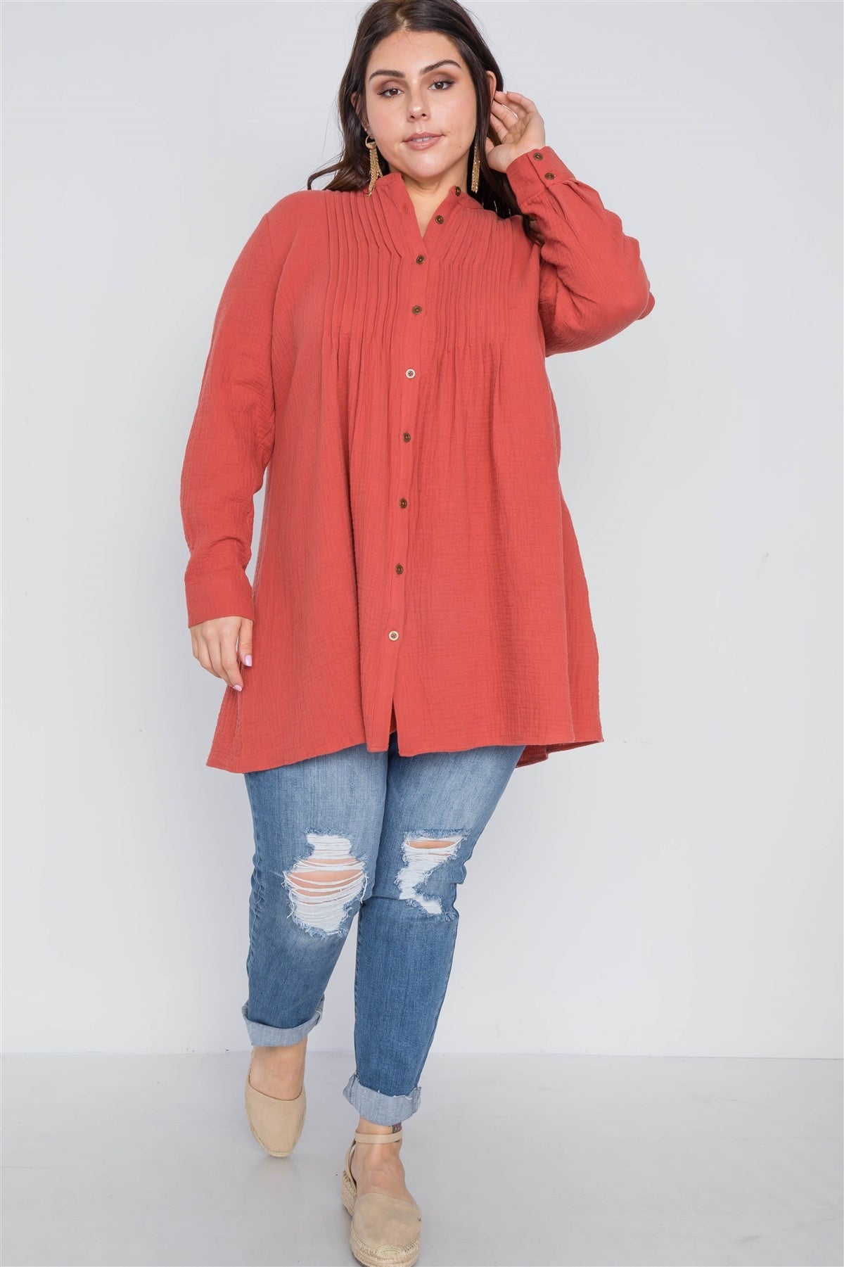 Plus Size Brick Button Down Long Sleeve Shirt Dress