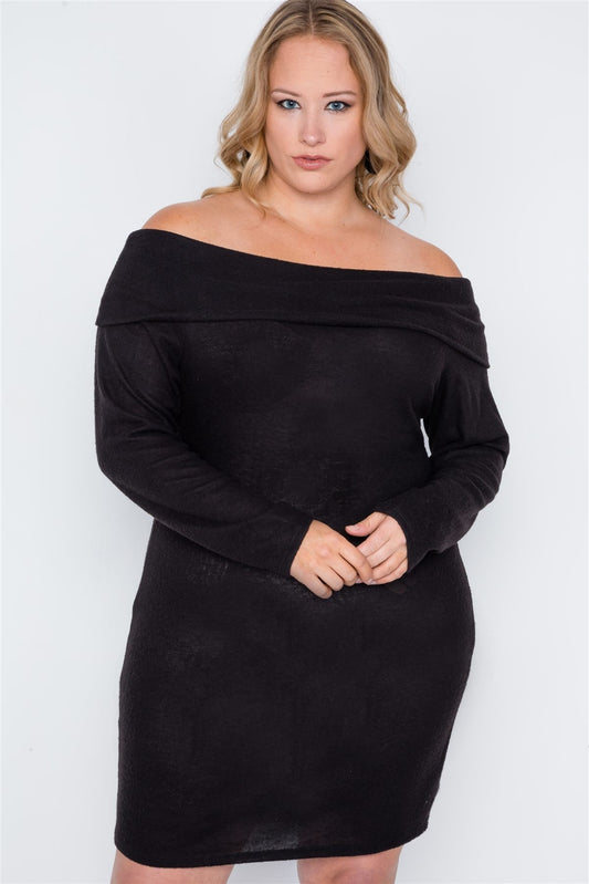 Plus Size Black Off-the Shoulder Long Sleeve Dress