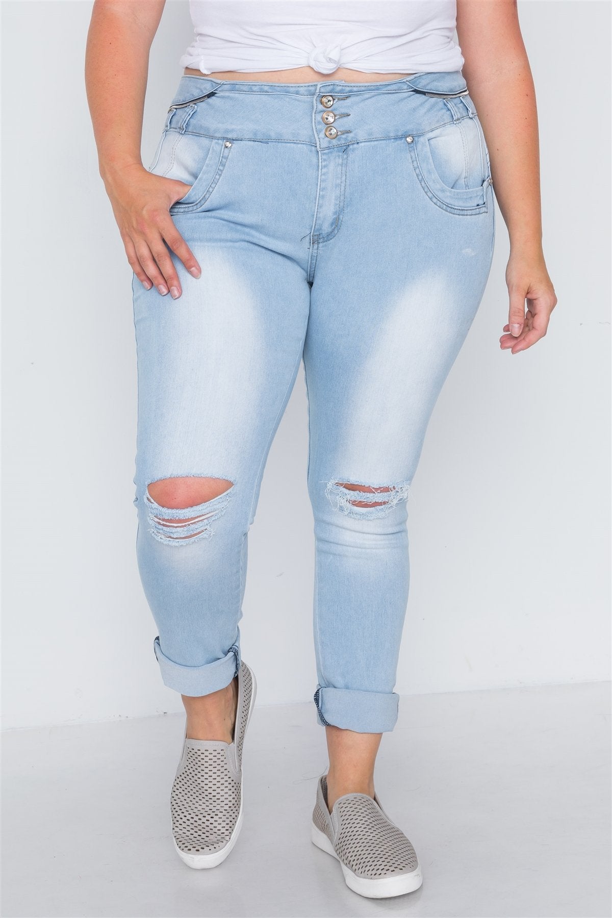 plus Size Light Denim Distresses Skinny Jeans