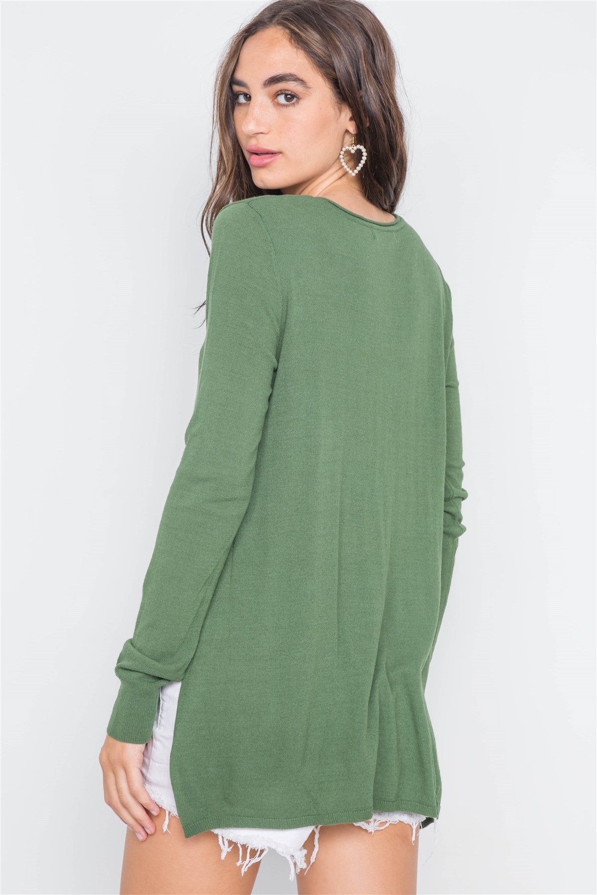 Knit V-neck Casual Solid Long Sleeve Sweater