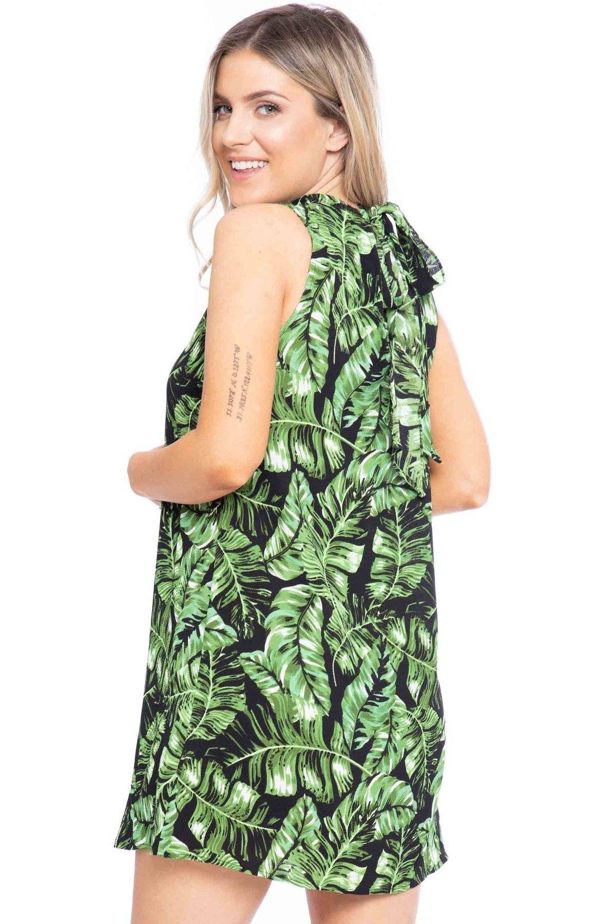 Hawaiian Leaf Print, Sleeveless, A-line Dress