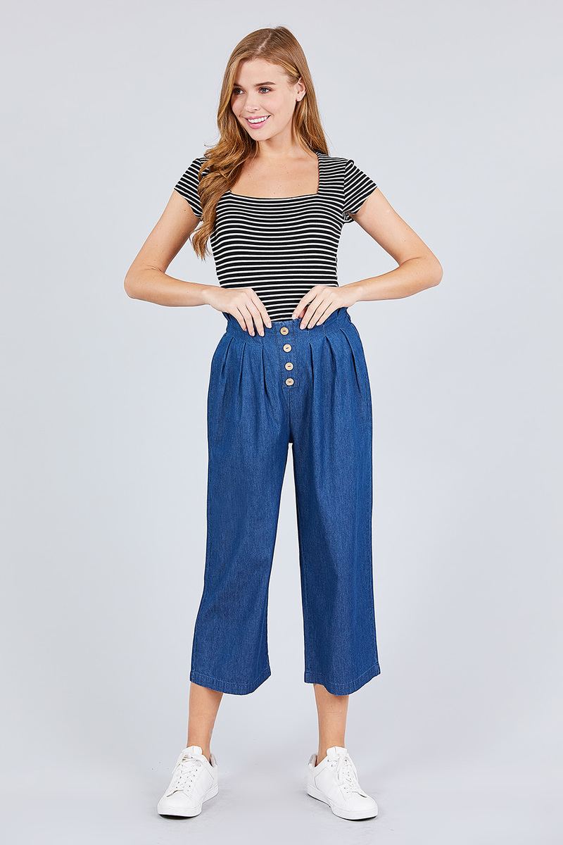 Front Button Up Frill Detail High Waist Chambray Pants
