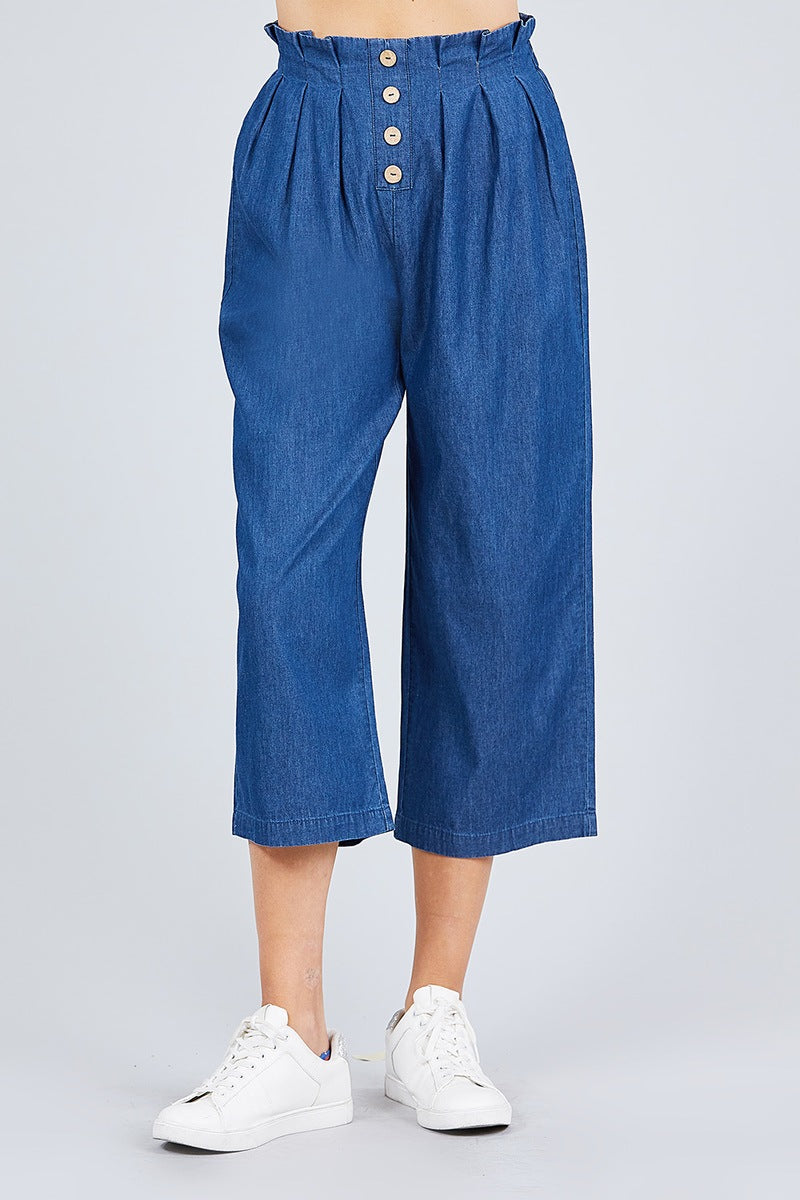 Front Button Up Frill Detail High Waist Chambray Pants