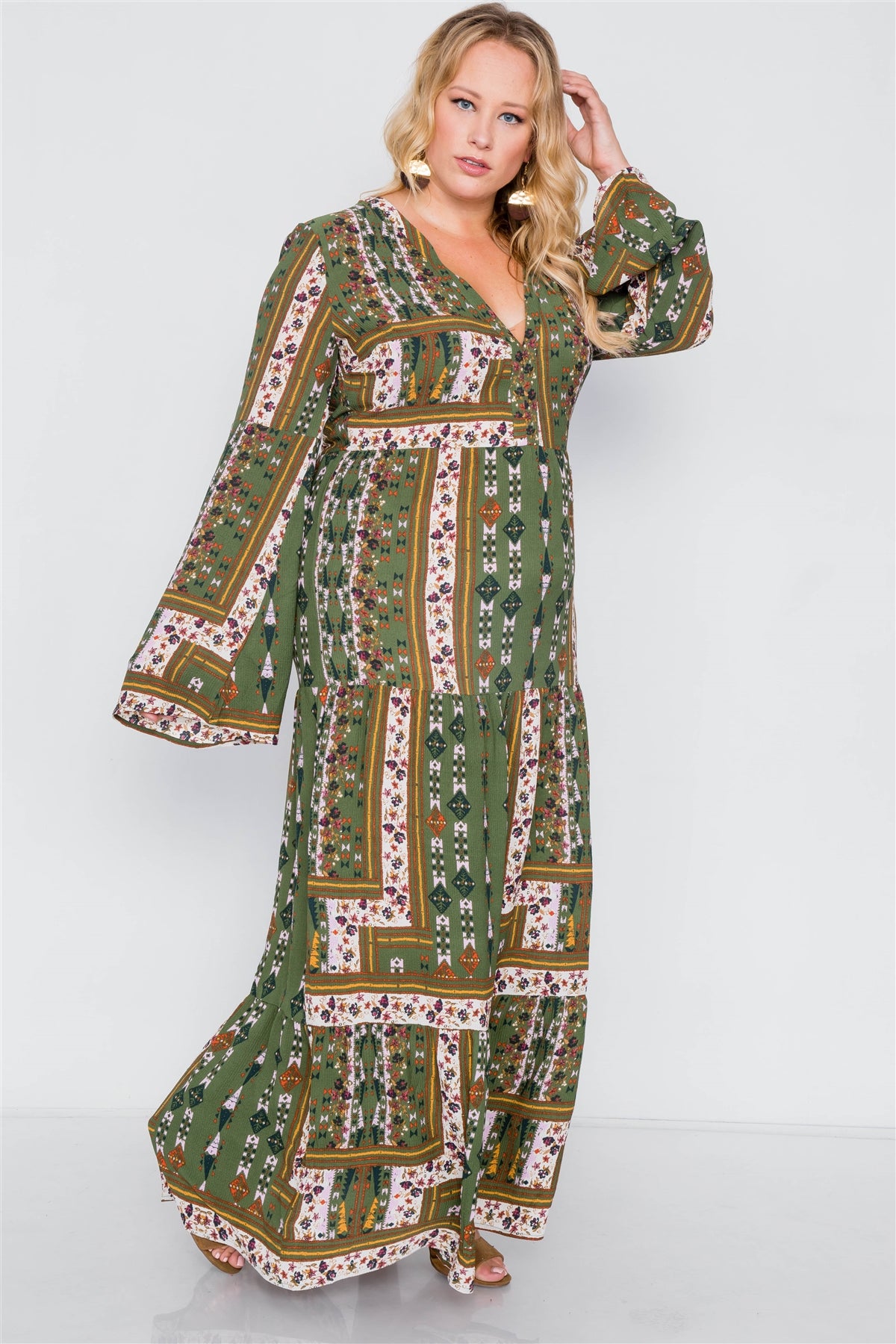 Plus Size Multi Print V-neck Long Sleeve Maxi Dress