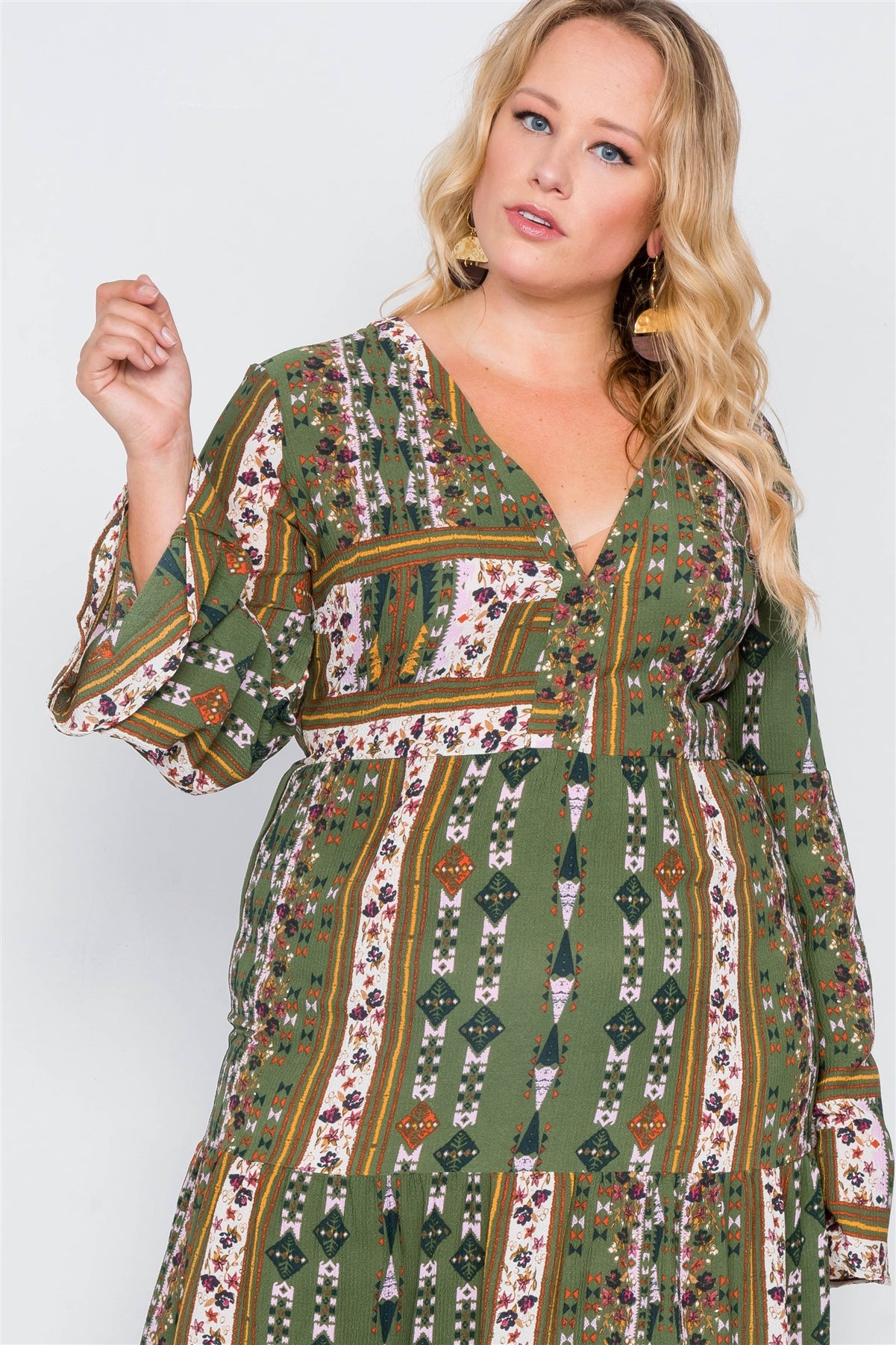 Plus Size Multi Print V-neck Long Sleeve Maxi Dress