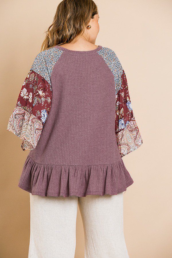 Floral Paisley Mixed Print Bell Sleeve Waffle Knit Top