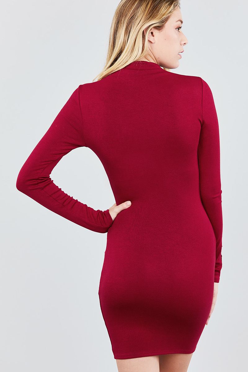 Long Sleeve W/button Detail High Neck Knit Mini Dress