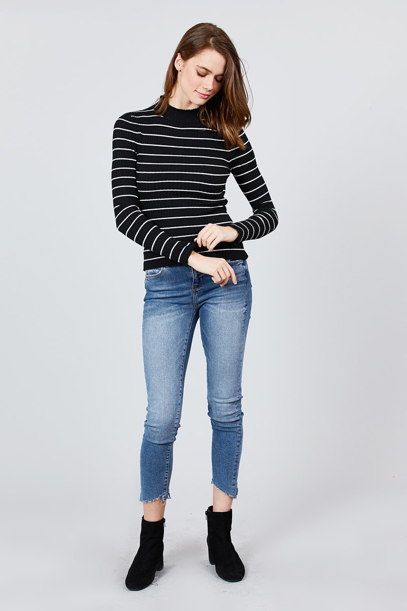 Long Sleeve Mock Neck Stripe Rib Sweater Top