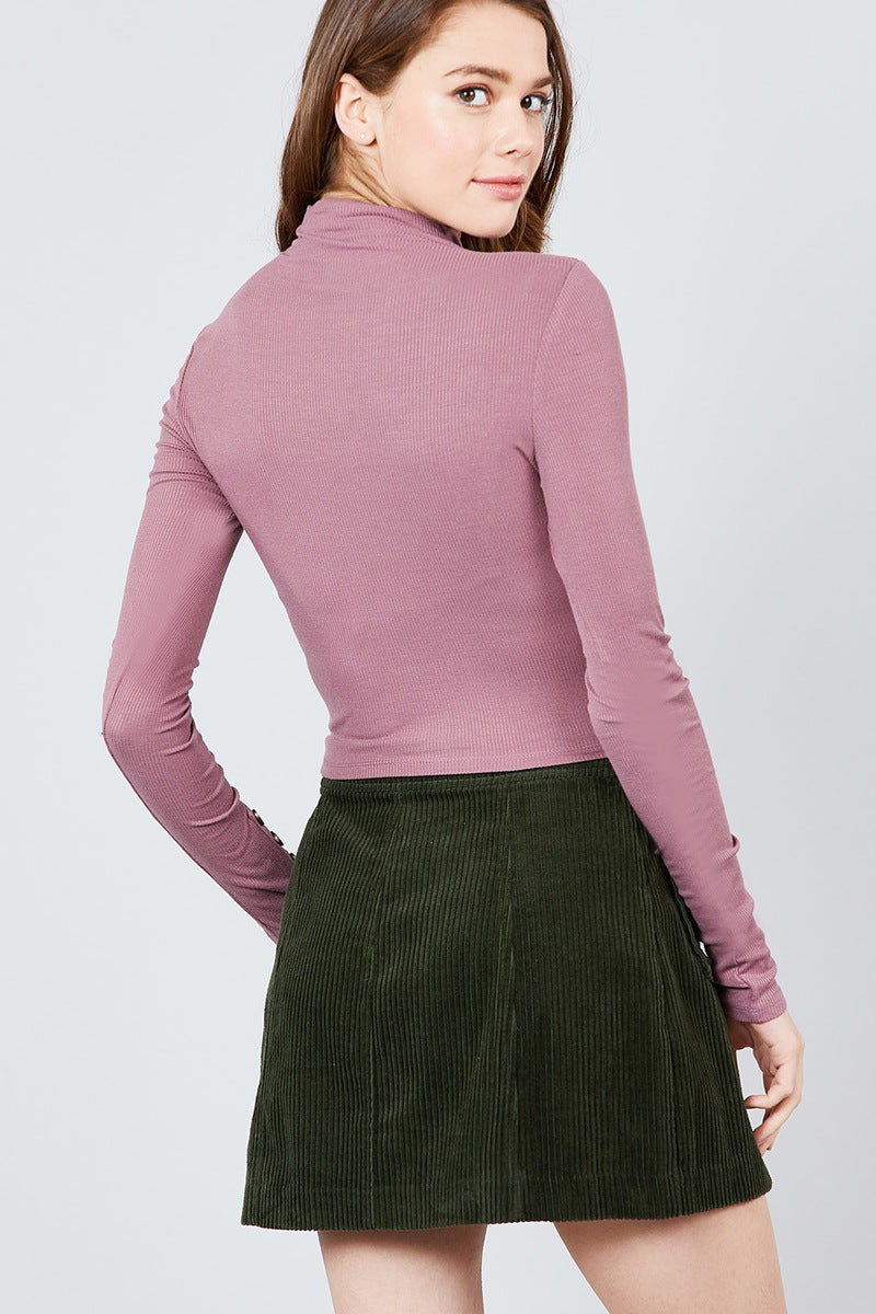 Long Sleeve W/button Detail Mock Neck Rib Knit Top