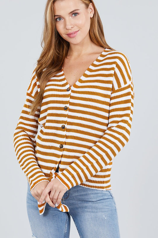 Long Sleeve V-neck W/buttoned Down Front Tie Stripe Cardigan