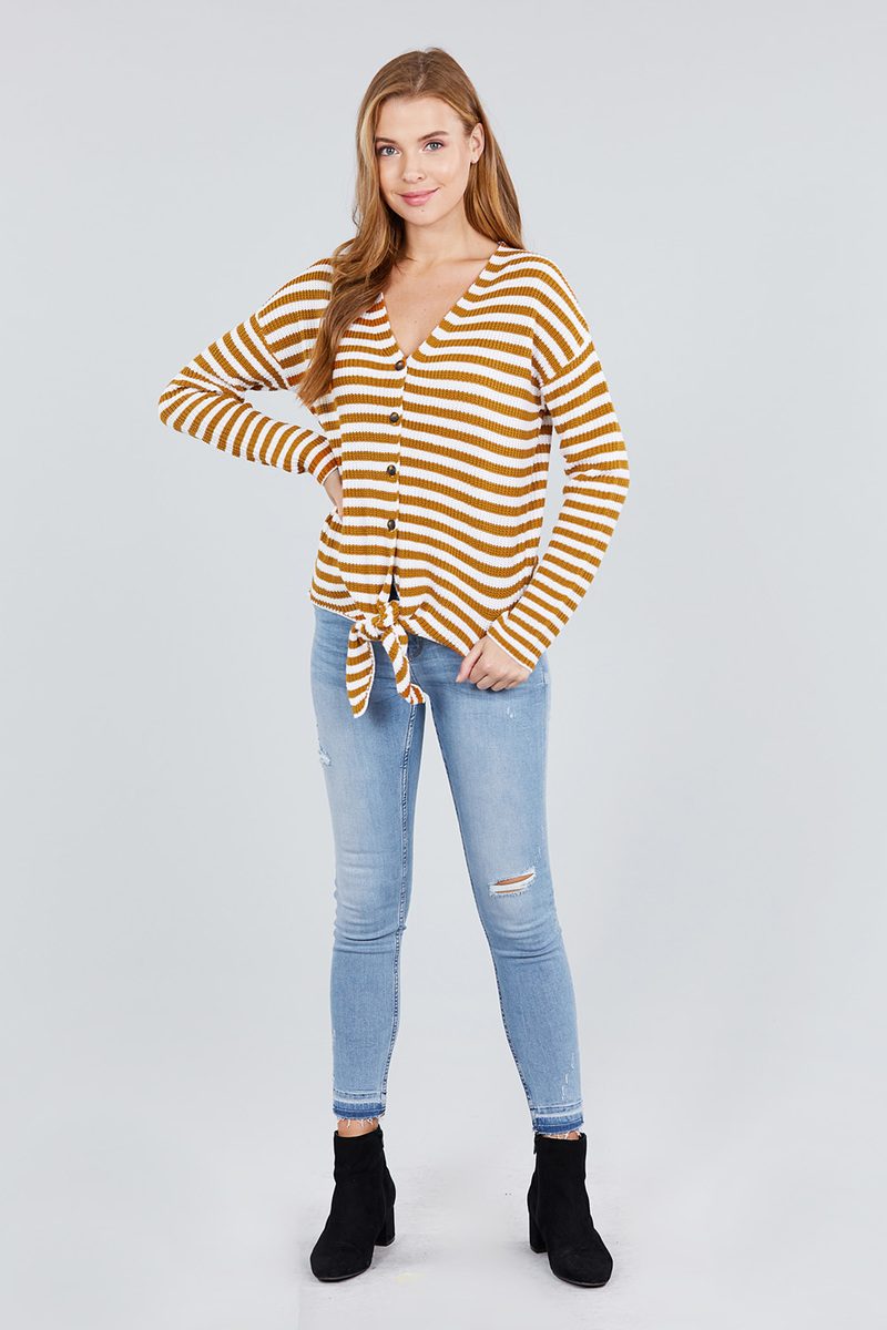 Long Sleeve V-neck W/buttoned Down Front Tie Stripe Cardigan