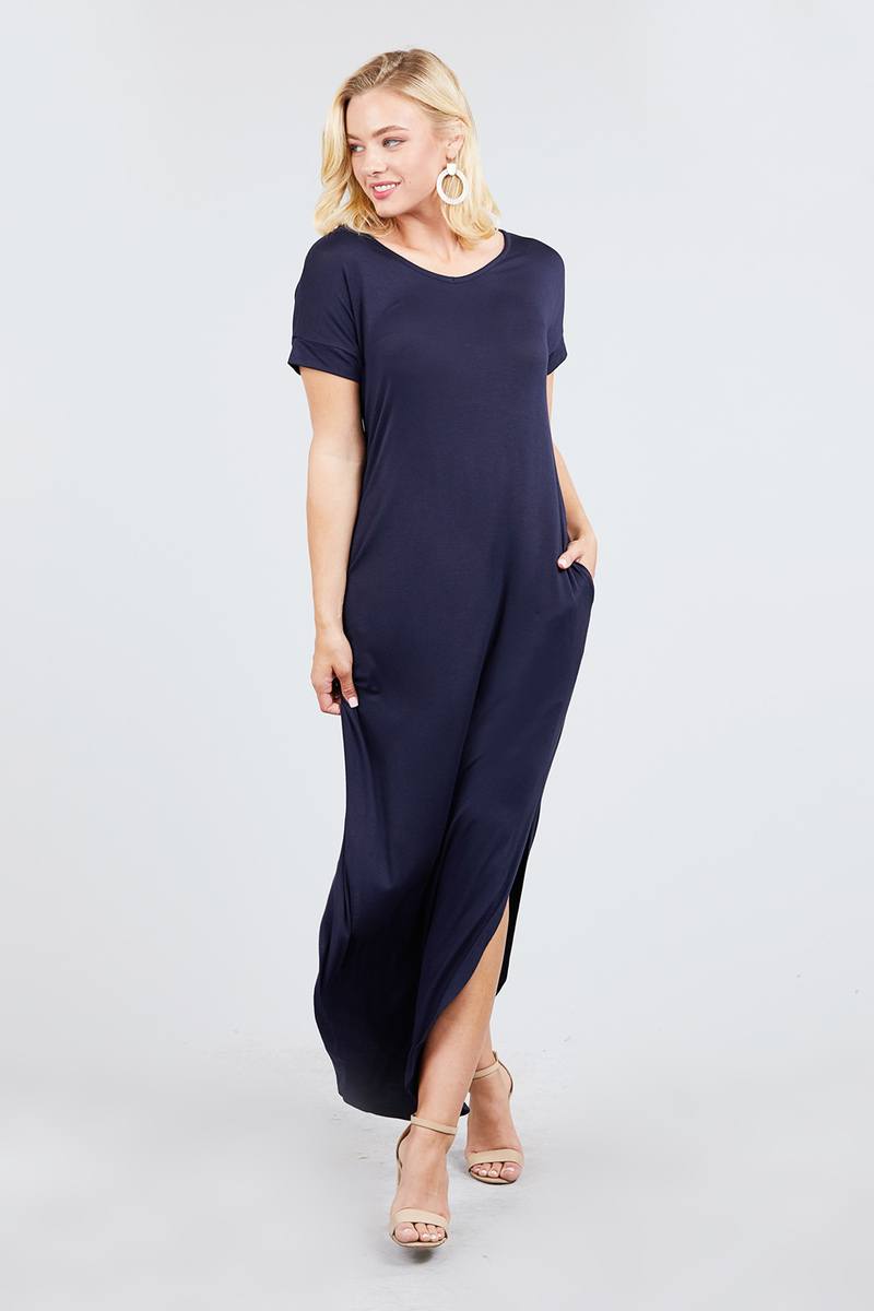 Short Dolman Sleeve Double V-neck W/side Pocket Rayon Spandex Side Slit Maxi Dress