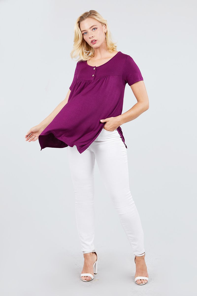 Short Sleeve Scoop Neck W/button Shirring Detail Rayon Spandex Top