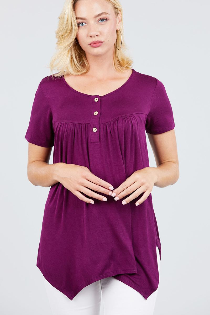 Short Sleeve Scoop Neck W/button Shirring Detail Rayon Spandex Top