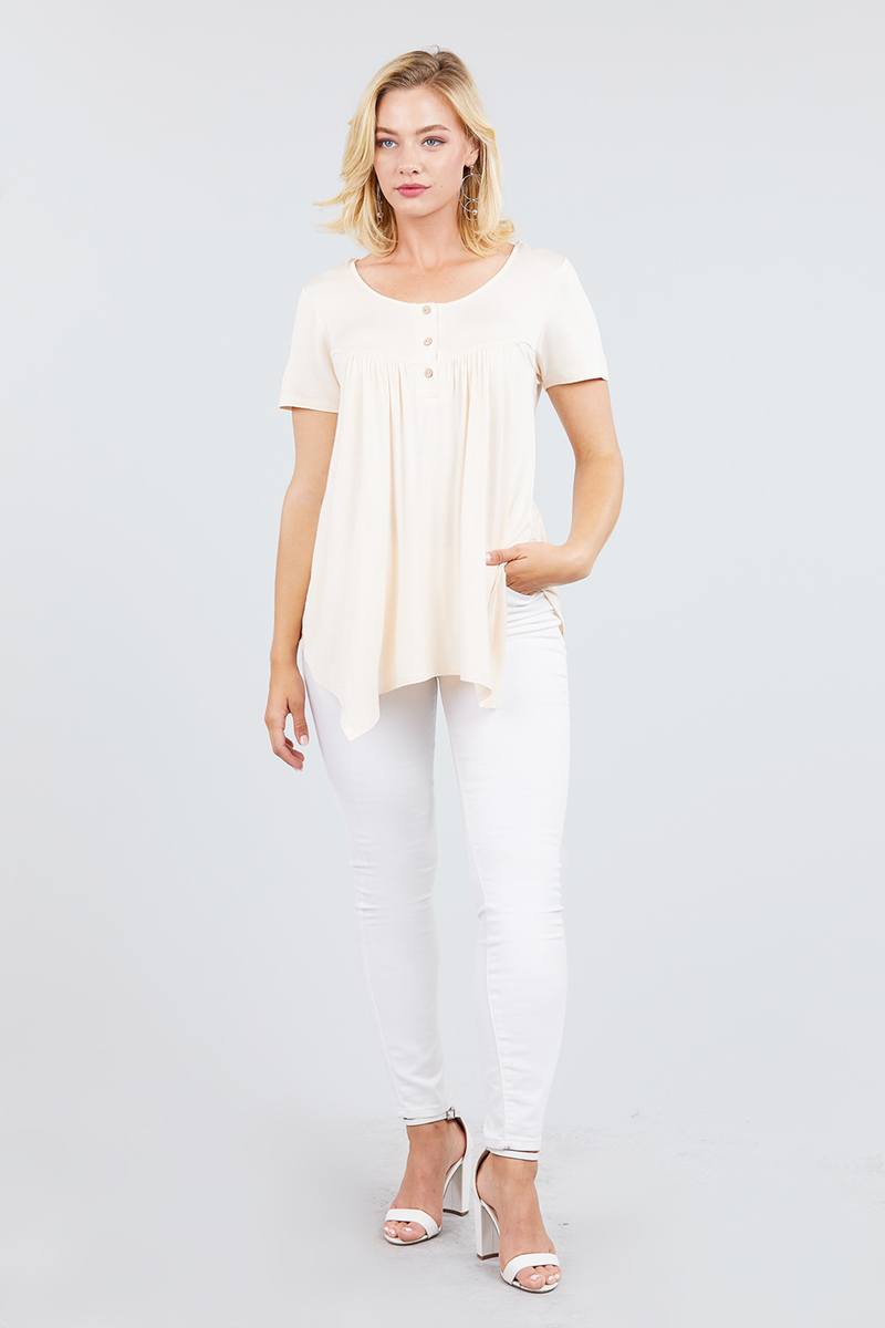 Short Sleeve Scoop Neck W/button Shirring Detail Rayon Spandex Top