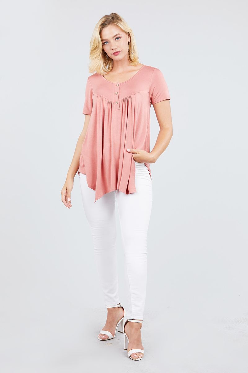 Short Sleeve Scoop Neck W/button Shirring Detail Rayon Spandex Top