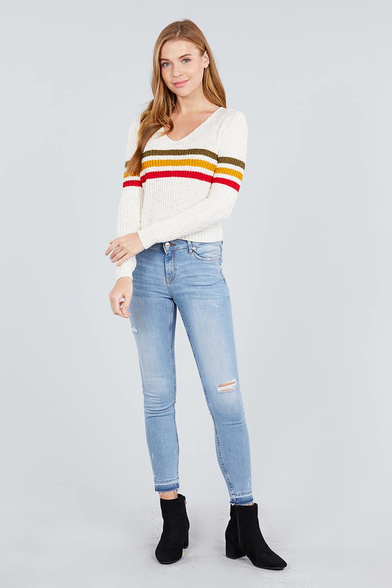 Long Sleeve V-neck Multi Stripe Crop Sweater