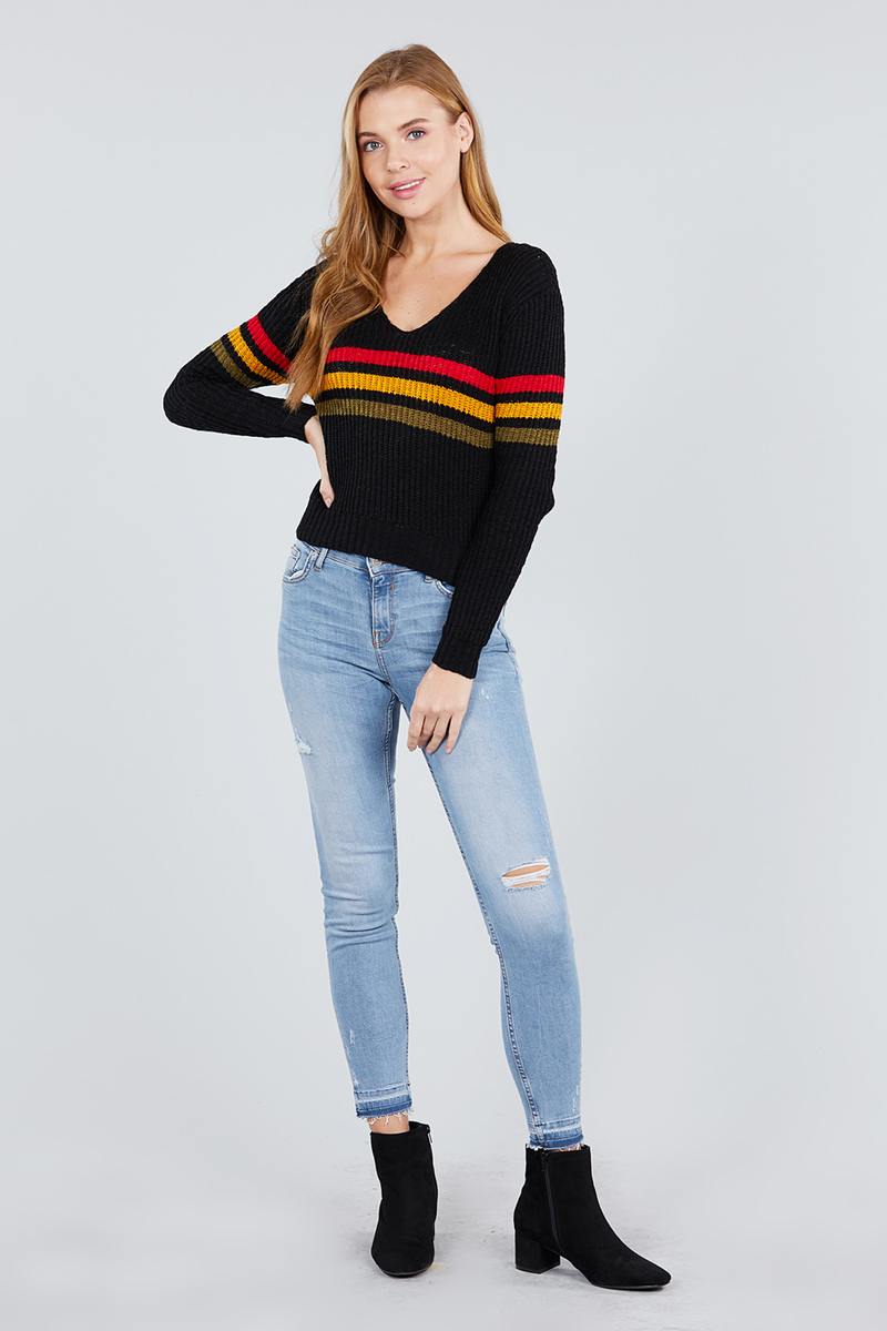 Long Sleeve V-neck Multi Stripe Crop Sweater