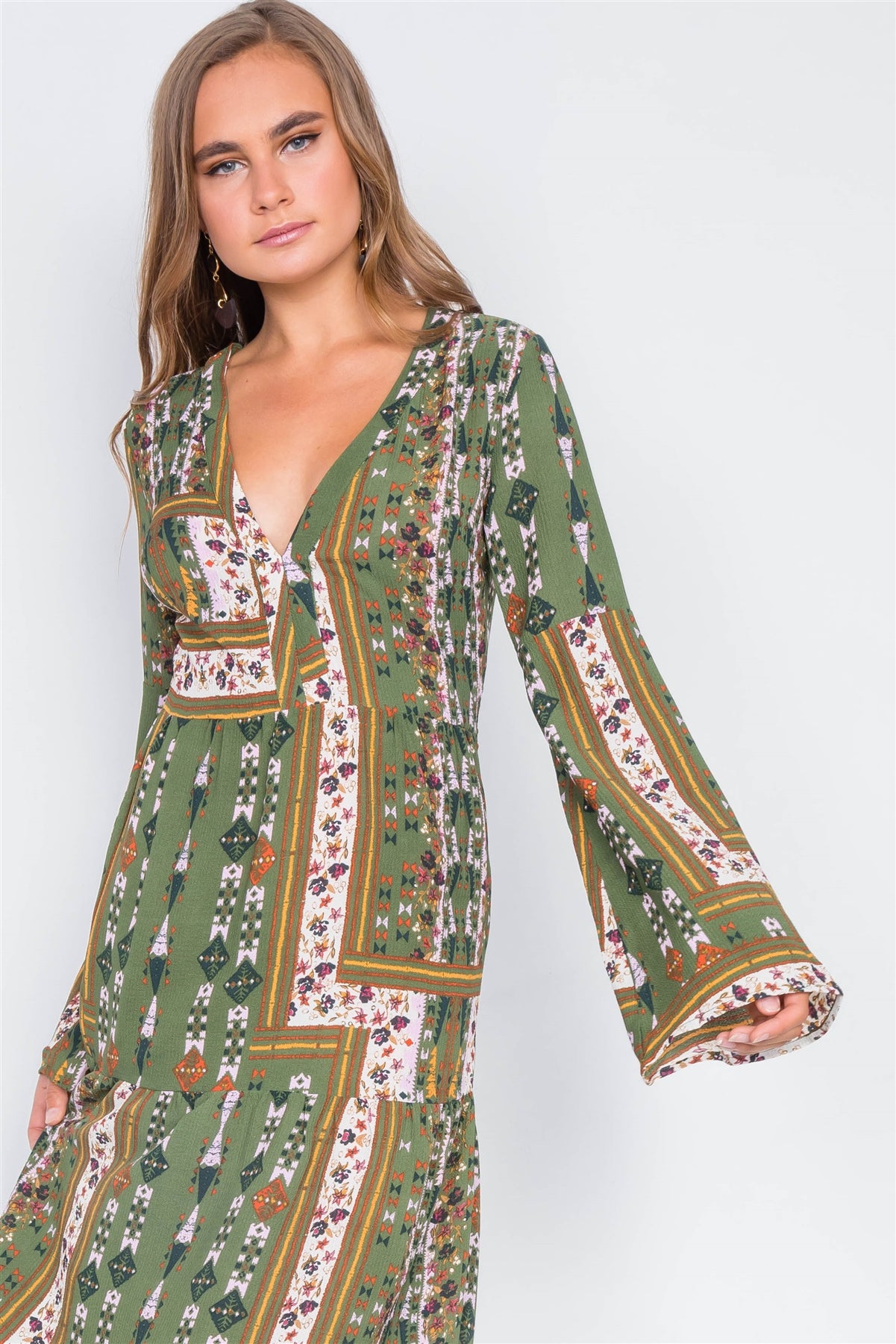 Multi Olive V-neck Long Sleeve Maxi Boho Dress