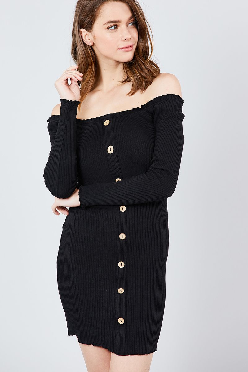 Long Sleeve Button Down Detail Off The Shoulder Cotton Spandex Heavy Rib Mini Dress