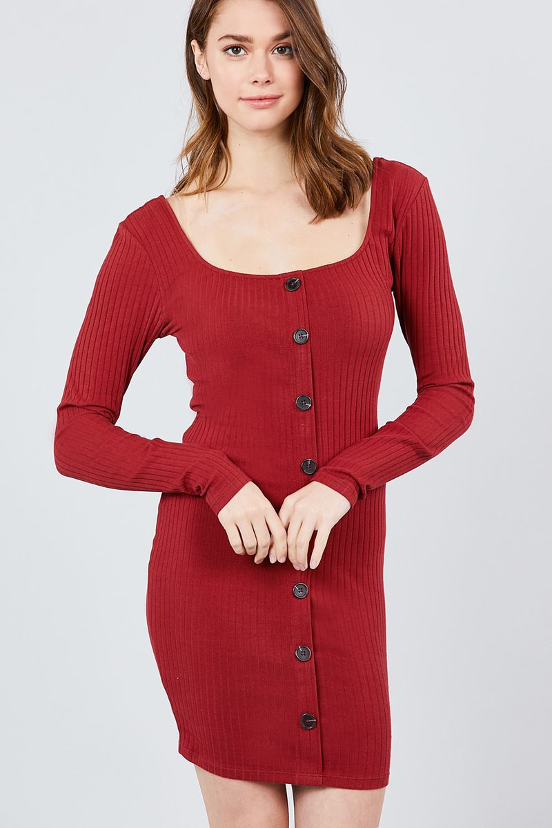 Long Sleeve U-neck Front Button Detail Rib Mini Dress