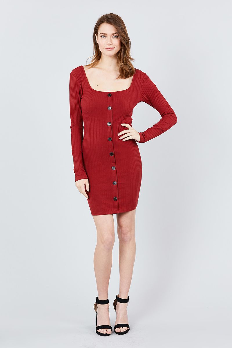 Long Sleeve U-neck Front Button Detail Rib Mini Dress