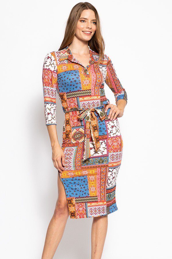 Print, Midi Tee Dress With 3/4 Sleeves, Collared V Neckline, Decorative Button, Matching Belt And A Side Slit