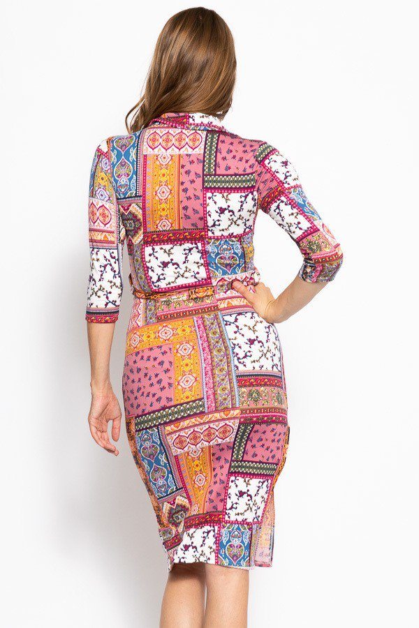 Print, Midi Tee Dress With 3/4 Sleeves, Collared V Neckline, Decorative Button, Matching Belt And A Side Slit