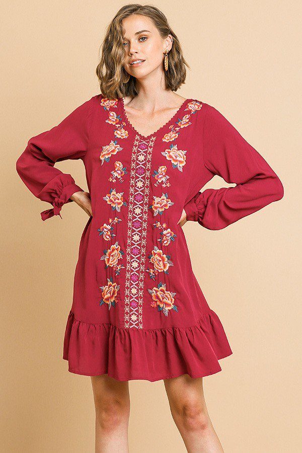 Floral Embroidered Long Sleeve V-neck Ruffle Hem Dress With Sleeve Ties And Crochet Details