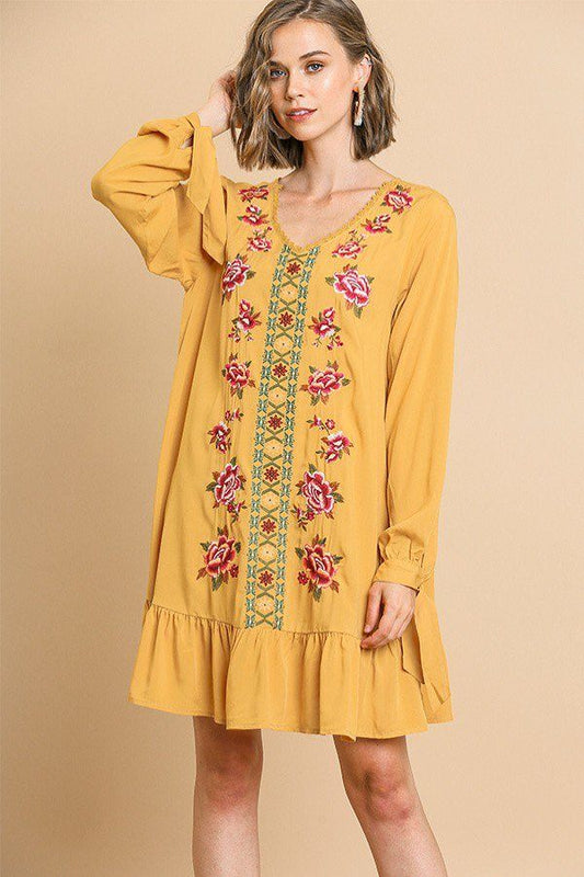 Floral Embroidered Long Sleeve V-neck Ruffle Hem Dress With Sleeve Ties And Crochet Details