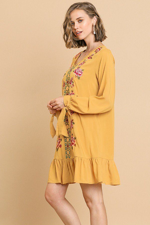 Floral Embroidered Long Sleeve V-neck Ruffle Hem Dress With Sleeve Ties And Crochet Details