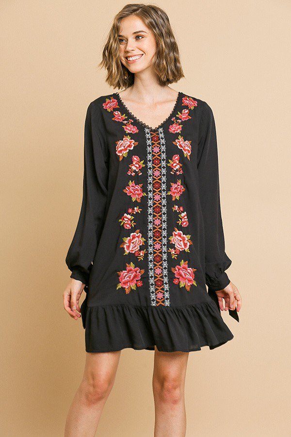 Floral Embroidered Long Sleeve V-neck Ruffle Hem Dress With Sleeve Ties And Crochet Details