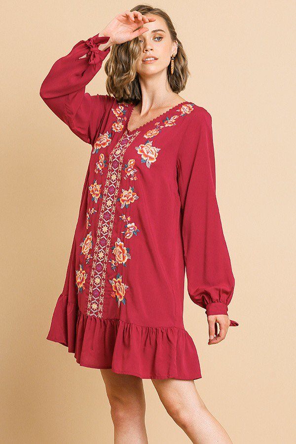 Floral Embroidered Long Sleeve V-neck Ruffle Hem Dress With Sleeve Ties And Crochet Details