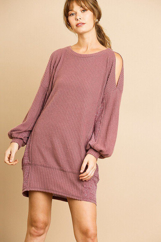 Long Sleeve Waffle Knit Open Shoulder Dress With Heathered Side Panels