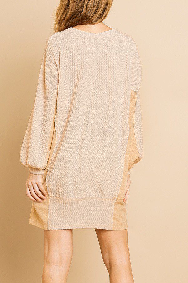 Long Sleeve Waffle Knit Open Shoulder Dress With Heathered Side Panels