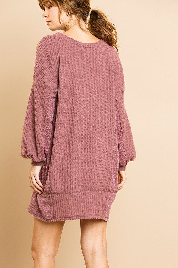 Long Sleeve Waffle Knit Open Shoulder Dress With Heathered Side Panels