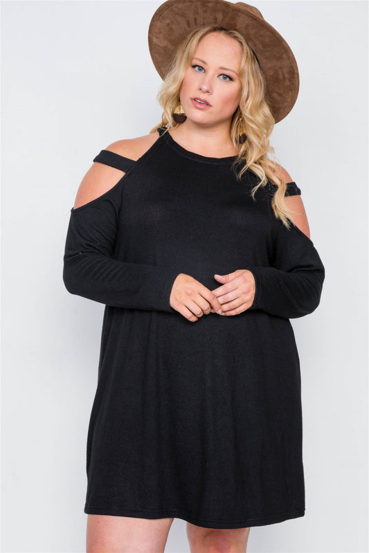 Plus Size Knit Strap Shoulder Long Sleeve Dress