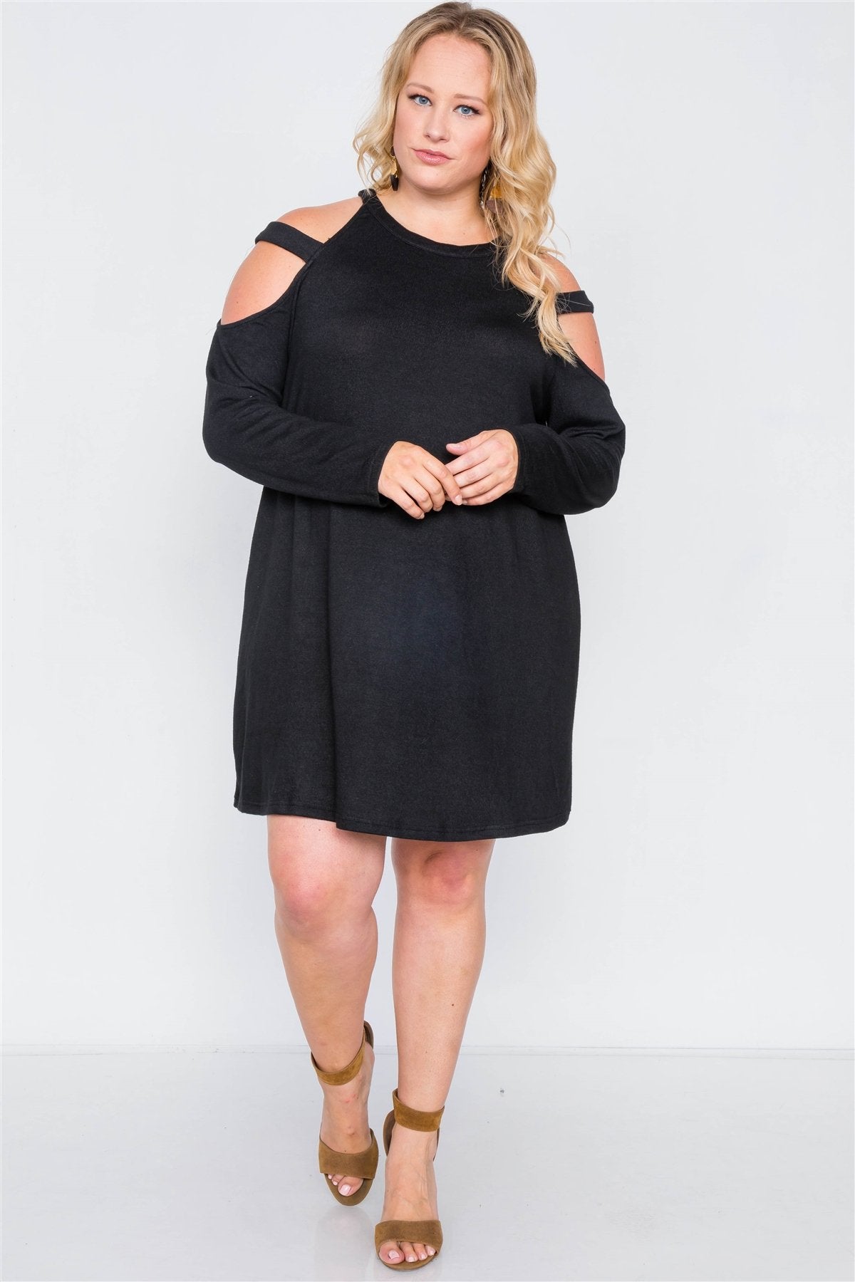 Plus Size Knit Strap Shoulder Long Sleeve Dress