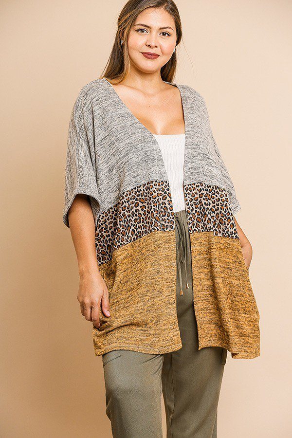 Short Sleeve Knit And Animal Print Color Blocked Open Front Kimono