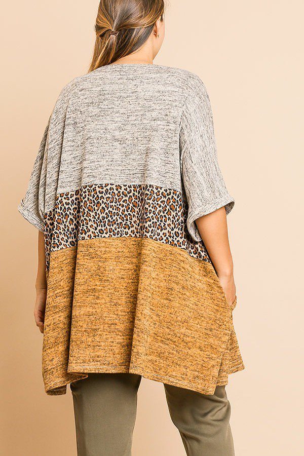 Short Sleeve Knit And Animal Print Color Blocked Open Front Kimono