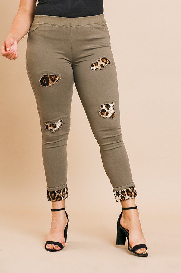 Skinny Pants With Animal Print Patches And Rolled Cuff Hem