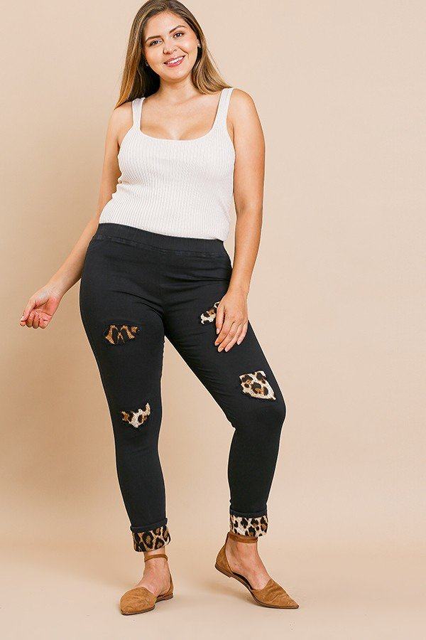Skinny Pants With Animal Print Patches And Rolled Cuff Hem