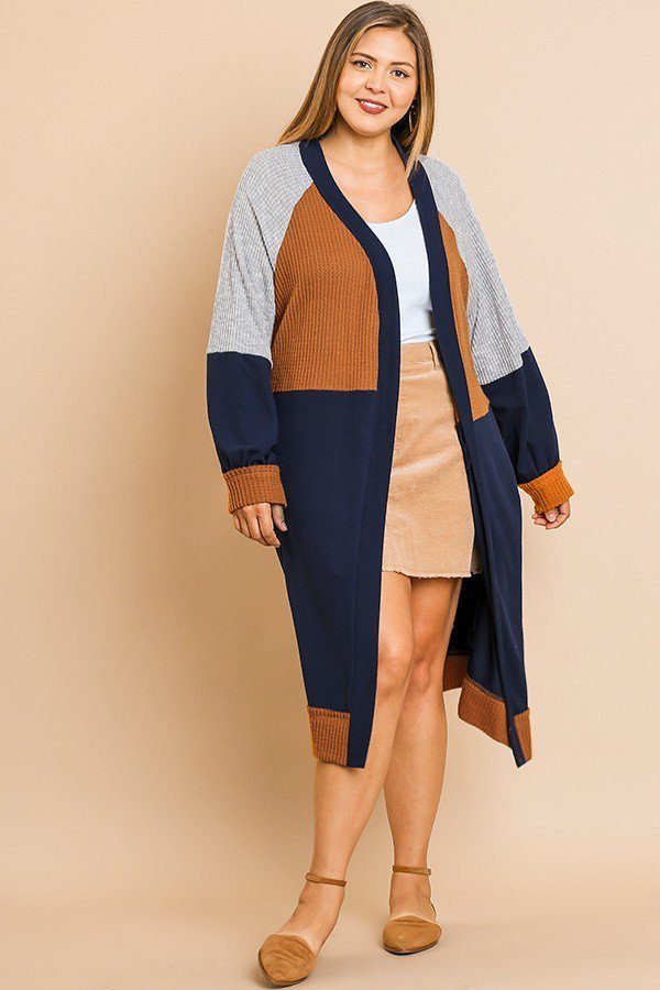 Colorblocked Long Puff Sleeve Ribbed Knit Long Open Front Sweater Cardigan