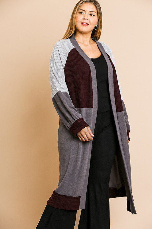 Colorblocked Long Puff Sleeve Ribbed Knit Long Open Front Sweater Cardigan