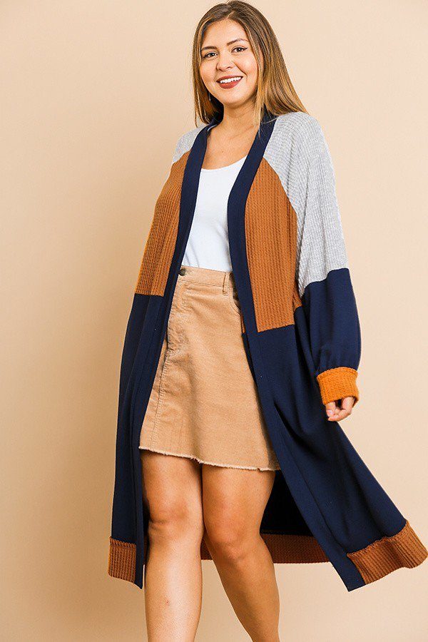 Colorblocked Long Puff Sleeve Ribbed Knit Long Open Front Sweater Cardigan