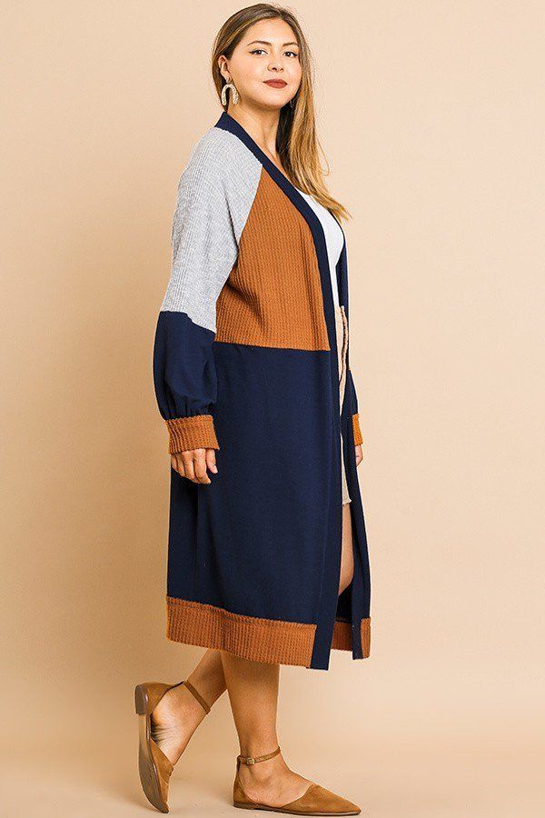 Colorblocked Long Puff Sleeve Ribbed Knit Long Open Front Sweater Cardigan