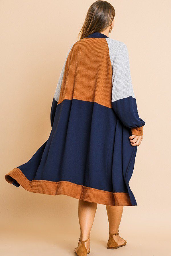 Colorblocked Long Puff Sleeve Ribbed Knit Long Open Front Sweater Cardigan