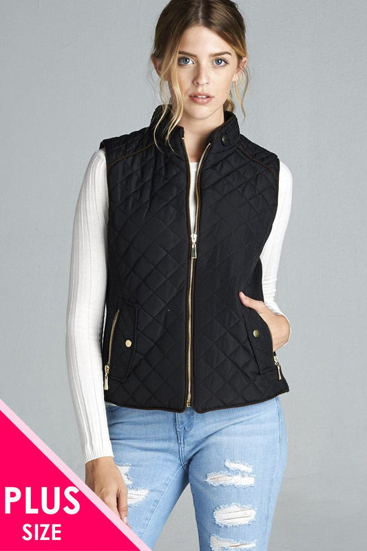 Quilted Padding Vest With Suede Piping Details