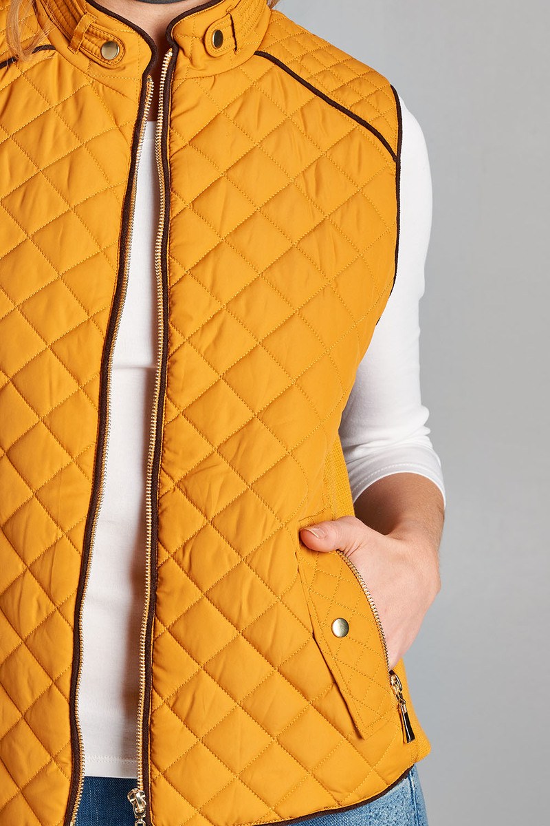 Quilted Padding Vest With Suede Piping Details